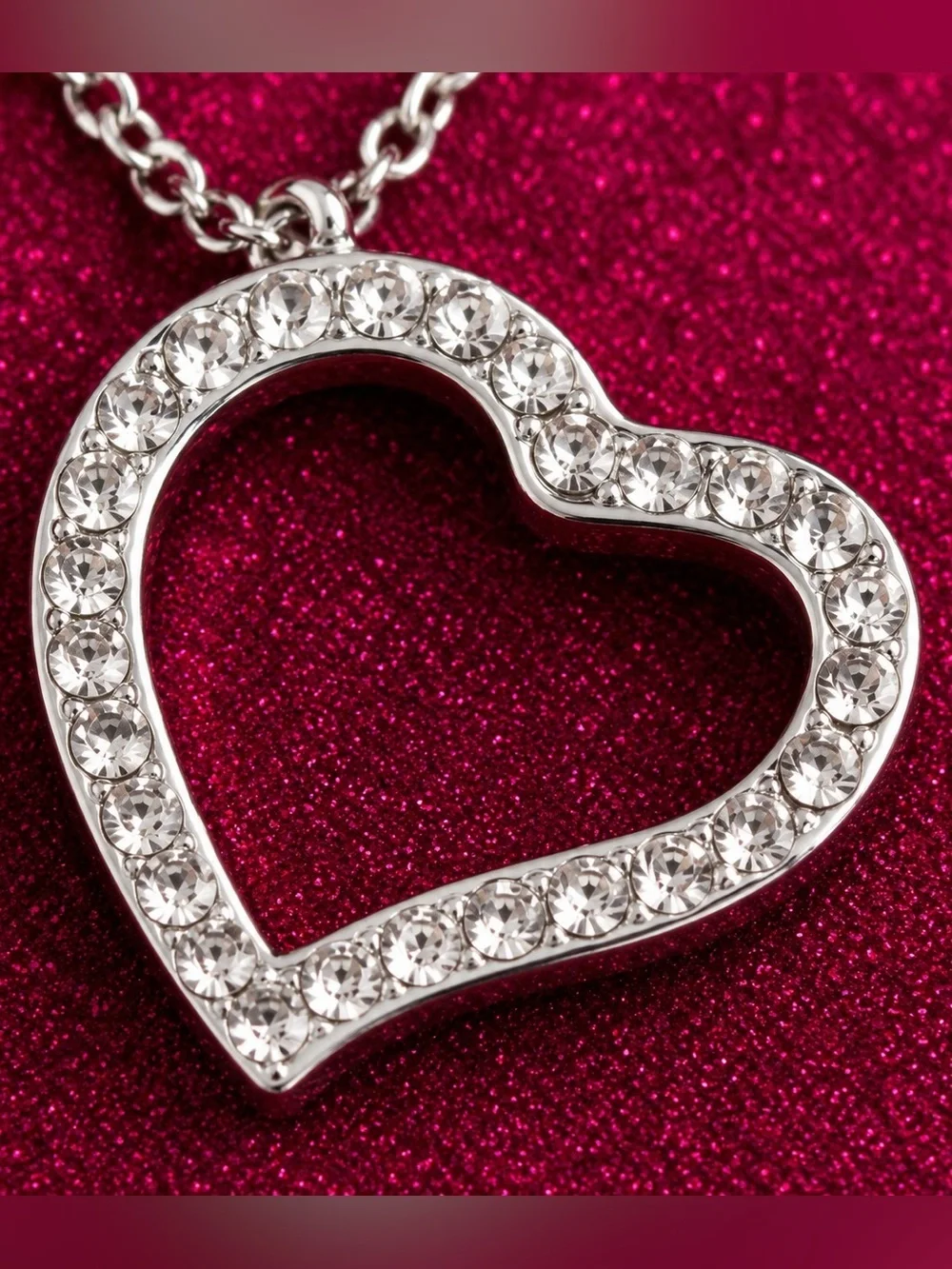 Silver Open Heart Rhinestone Pendant Necklace Gift Pouch Romantic Jewelry NWT